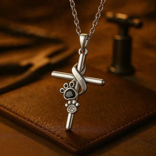 Silverhalsband med kors och tassavtryck