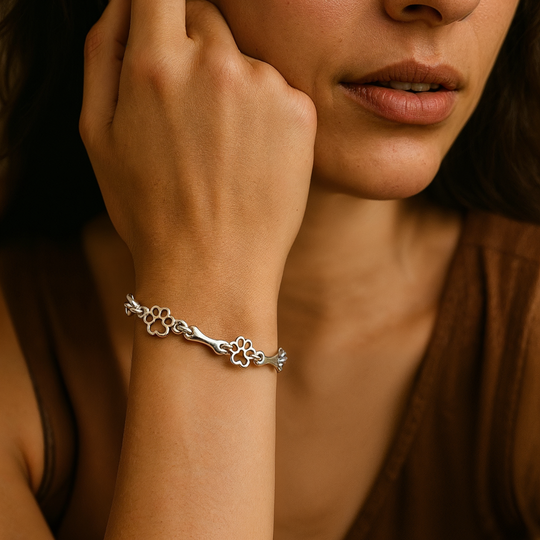 Silverarmband med tassavtryck och benmotiv