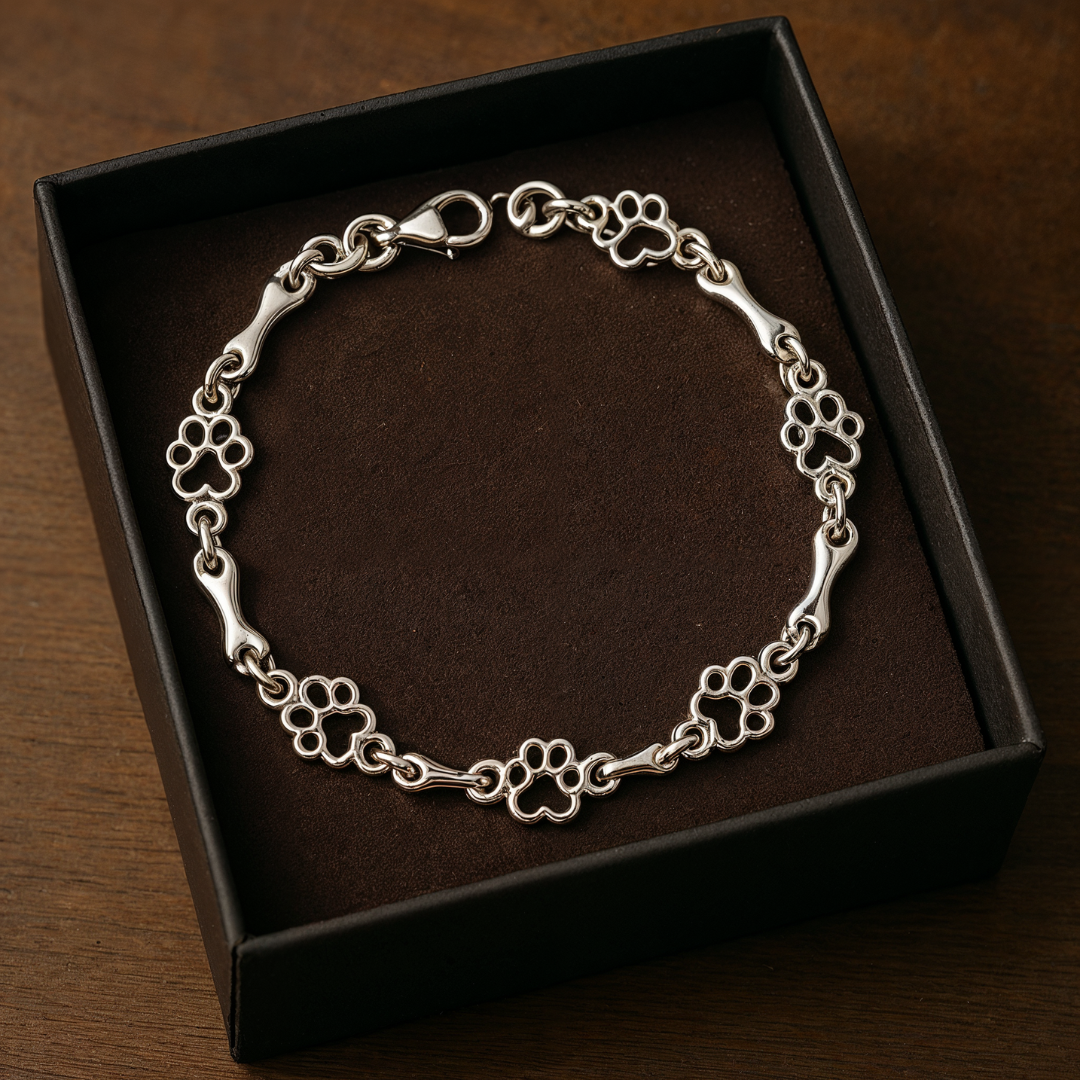 Silverarmband med tassavtryck och benmotiv