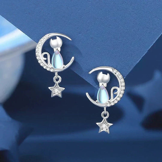 Örhängen med katt, måne och stjärna i sterlingsilver 925