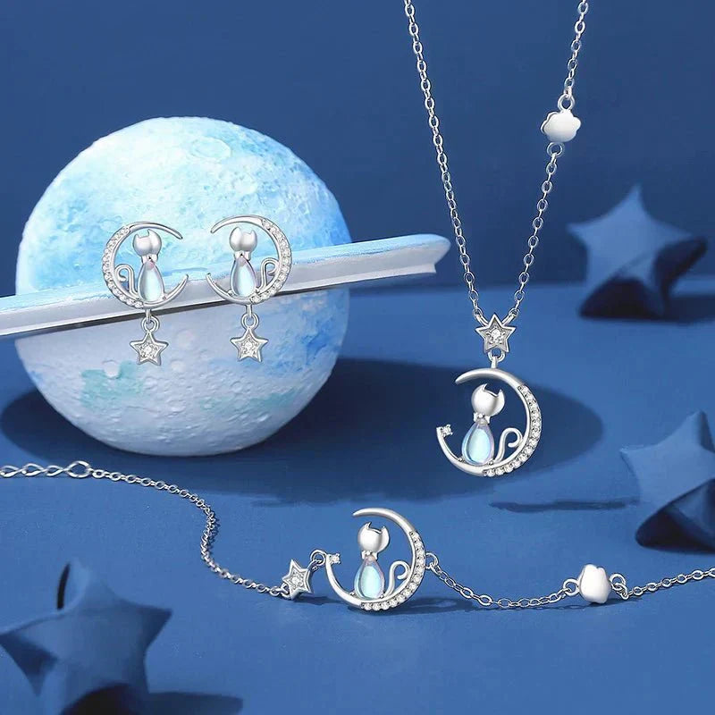 Örhängen med katt, måne och stjärna i sterlingsilver 925