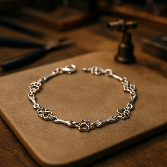 Silverarmband med tassavtryck och benmotiv