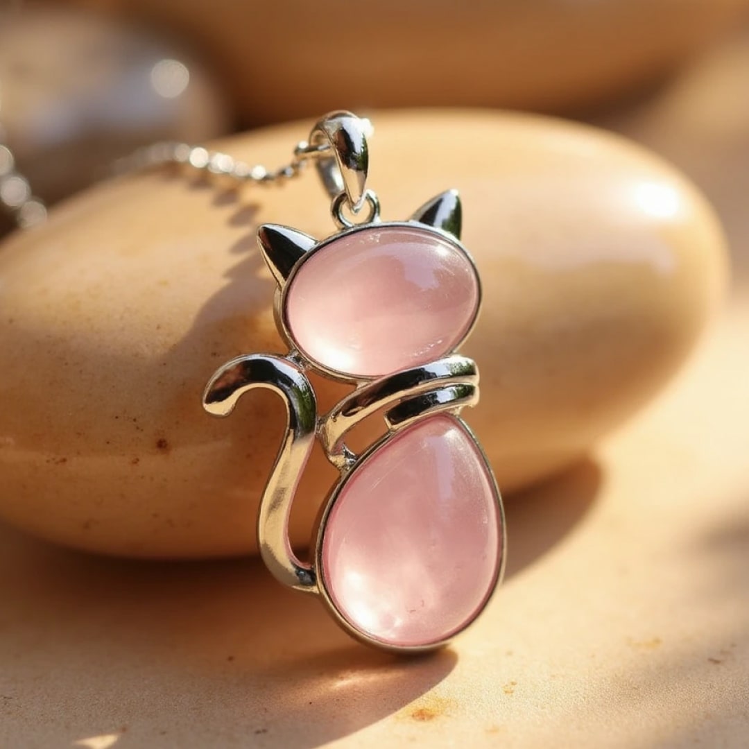 Halsband med katthängsmycke och lila natursten
