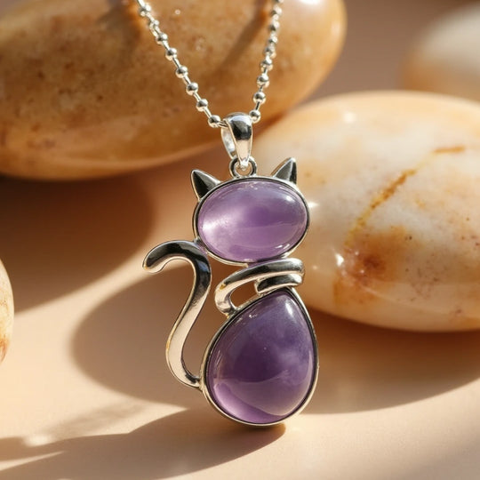 Halsband med katthängsmycke och lila natursten