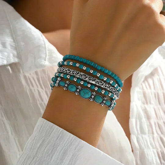 Boho-armbandsset med turkosa pärlor