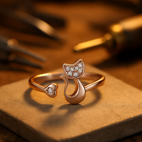 Söt öppen ring med katt- och zirkonmotiv