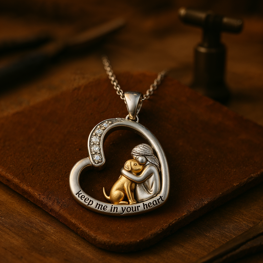 Silverhalsband med hjärthängsmycke, flicka och hund